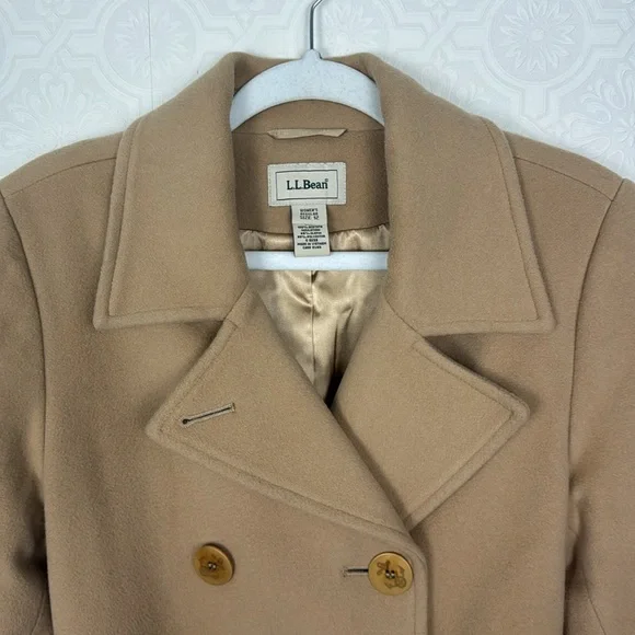 LL Bean Peacoat Tan Wool Nylon Double Breasted Size 12 Cream Beige Coat Jacket - Picture 2 of 8